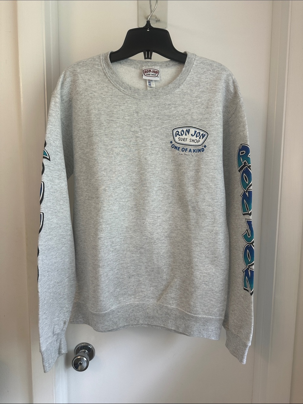 Unisex - Ron Jon Light Gray Crewneck Sweatshirt. Blue Sleeve Graphics/ logo back